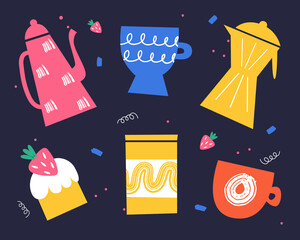 A set of bright dishes. Kitchen dishes. Vector illustration in doodle style.