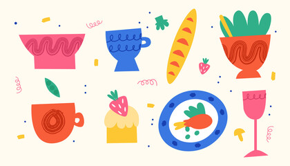 A collection of different bright dishes. Ceramic dishes and food. Vector illustration.