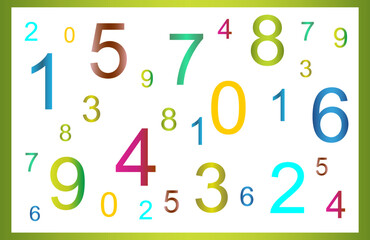 Randomly scattered colorful numbers from 0 to 9 on a white background