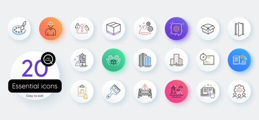 Simple set of Inspect, Building warning and Engineering team line icons. Include Delivery box, Open box, Lighthouse icons. Brush, Warning, Buildings web elements. Palette, Engineer. Vector