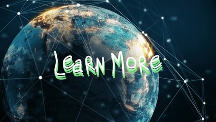 Animation of learn more text over globe - Powered by Adobe