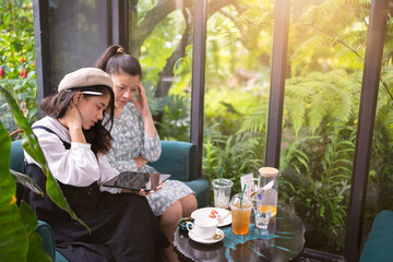 Girls drink coffee relax in cafe ,Freelancer communicate on project, girls shopping online on wifi tablet,Students studies on internet,Working business process.