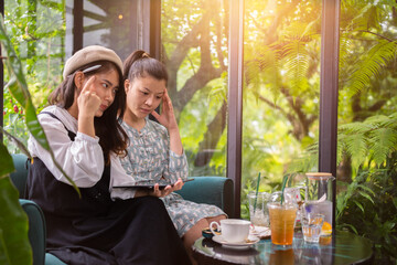 Girls drink coffee relax in cafe ,Freelancer communicate on project, girls shopping online on wifi tablet,Students studies on internet,Working business process.