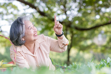 Happy Asian old senior woman and wear a health watch and lying on the picnic mat in park and basket of fruit besides. Concept of happy elderly woman after retirement and good health