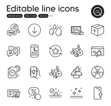 Set of Business outline icons. Contains icons as Electric app, Scroll down and Discount button elements. Remove team, Smartphone charging, Mobile finance web signs. Skin care, Water drop. Vector