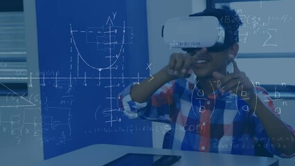 Animation of mathematical equations over african american schoolboy using vr headset - Powered by Adobe