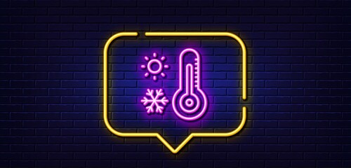 Neon light speech bubble. Weather thermometer line icon. Winter snowflake, sun sign. Temperature symbol. Neon light background. Weather thermometer glow line. Brick wall banner. Vector