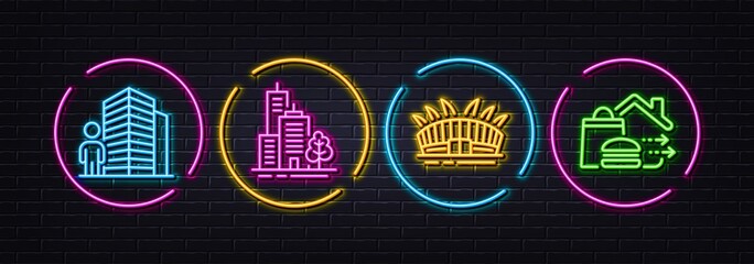 Skyscraper buildings, Arena stadium and Agent minimal line icons. Neon laser 3d lights. Food delivery icons. For web, application, printing. Town architecture, Sport complex, Real estate. Vector