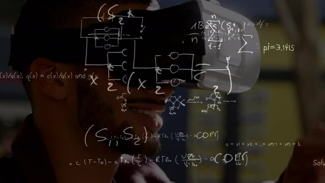 Animation of mathematical equations over biracial man using vr headset