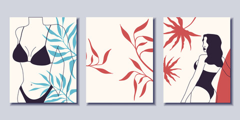 Set of modern posters with women in a swimsuit. Surf woman. Minimalism. Vector illustration.