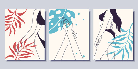 Set of minimalistic posters with women in swimsuits. Abstract plants. Modern Art. Vector illustration.