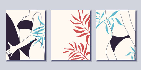 A set of minimalist posters. Surf woman. Woman in a swimsuit. Modern Art. Vector illustration.