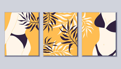 Bright summer posters. Woman in a bathing suit. Minimalism. Vector illustration.