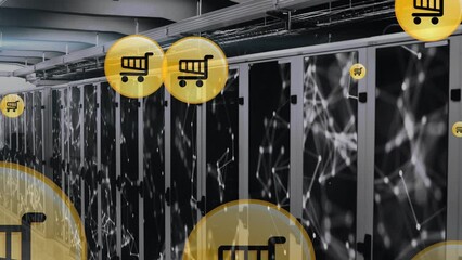 Animation of shopping icons over server room - Powered by Adobe