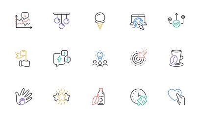 Puzzle time, Internet and Ice cream line icons for website, printing. Collection of Chart, Social responsibility, Ceiling lamp icons. Hold heart, Business idea, Stress web elements. Star. Vector