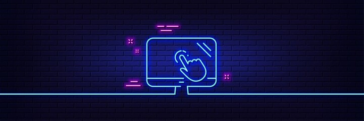 Neon light glow effect. Touch screen line icon. Online quiz test sign. 3d line neon glow icon. Brick wall banner. Touch screen outline. Vector