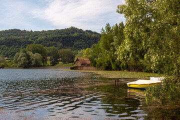 Fototapeta na wymiar Prehistoric village with stilt houses in Revine Lago Treviso