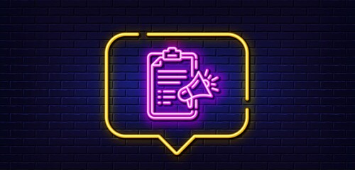Neon light speech bubble. Megaphone checklist line icon. Advertisement device symbol. Brand ambassador sign. Neon light background. Megaphone checklist glow line. Brick wall banner. Vector