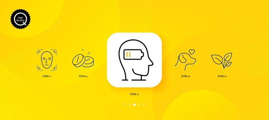 Fototapeta na wymiar Pets care, Leaves and Weariness minimal line icons. Yellow abstract background. Face detection, Medical tablet icons. For web, application, printing. Shelter, Grow plant, Mind fatigue. Vector
