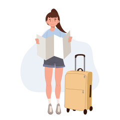 Tourism concept.adventure tourism.female traveler with luggage is using a map.Flat cartoon character vector illustration.