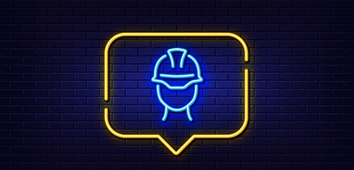Neon light speech bubble. Foreman line icon. Engineer or architect sign. Construction helmet symbol. Neon light background. Foreman glow line. Brick wall banner. Vector