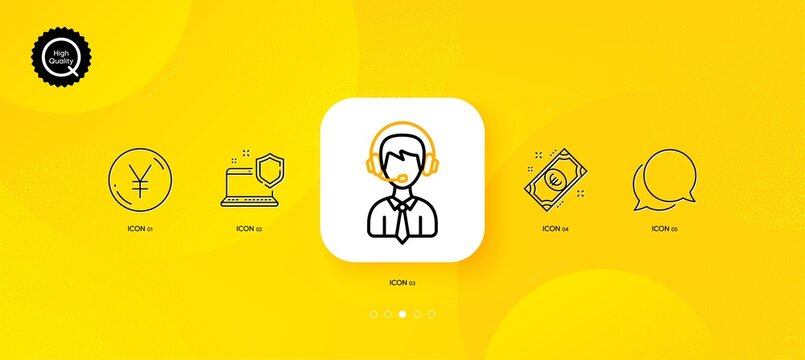 Computer security, Chat message and Shipping support minimal line icons. Yellow abstract background. Yen money, Euro money icons. For web, application, printing. Vector
