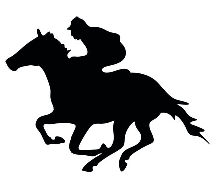 Black and white vector flat illustration: racing horse and rider silhouette