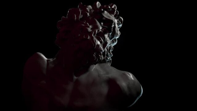 Bust of Laocoon in dynamic lighting, art sculpture, 3d visualization. Looped video, 3d rendering