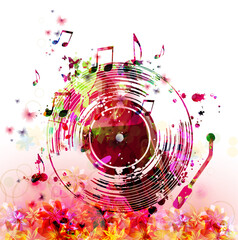Obraz premium Colorful LP vinyl record disc with musical notes and flowers for concert events, music festivals and shows, party flyers, invitations. Musical poster for club party vector illustration 