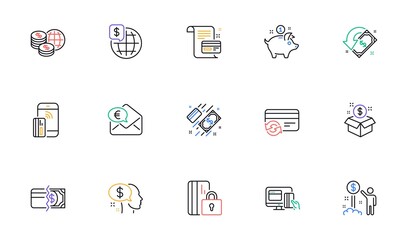 Money payment line icons. Bank transfer, Piggy bank and Credit card. Cash linear icon set. Bicolor outline web elements. Vector