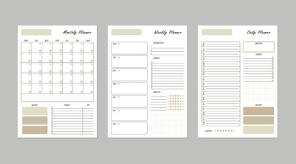 Vector minimalist planner template. Daily, weekly, monthly page set. Printable business or everyday life organizer, calendar, weekly schedule, to do list, habit tracker.  Earth colored, beige design