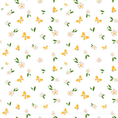 Seamless pattern of butterflies and flowers. Romantic vintage background for textile, fabric, decorative paper on a white background.