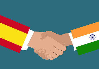Apretón de manos entre España y la India. Acuerdo y negociación España India - obrazy, fototapety, plakaty