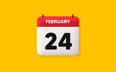 Calendar date 3d icon. 24th day of the month icon. Event schedule date. Meeting appointment time. Agenda plan, February month schedule 3d calendar and Time planner. 24th day day reminder. Vector