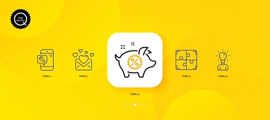 Fototapeta na wymiar Phone repair, Education and Piggy sale minimal line icons. Yellow abstract background. Love mail, Puzzle icons. For web, application, printing. Spanner service, Human idea, Discounts. Vector