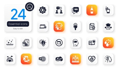Set of Business flat icons. Start business, Wallet and Food order elements for web application. Quote bubble, Lgbt, Timer icons. Wash t-shirt, Clean skin, Wine bottle elements. Vector