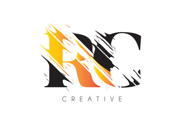 Black and Yellow RC Letter Logo with Vintage Grundge Drawing Design. Destroyed Cutted Letter Icon Vector.