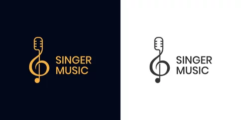 Poster vector design treble clef music with microphone logo element for Sound recording studio, vocal course, composer, singer karaoke music logo design © Agung