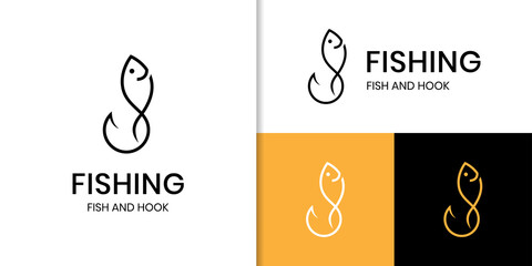 Fish and hook logo, Simple fishing sport logo template, hook logo symbol vector icon design element