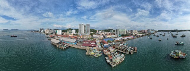 Kota Kinabalu, Sabah Malaysia – June 14, 2022: The Waterfront and Esplanade Area of Kota Kinabalu City Centre - obrazy, fototapety, plakaty