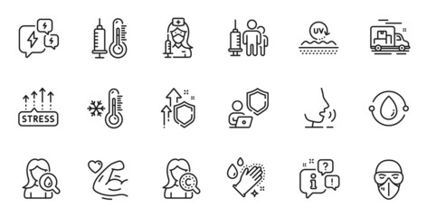Outline set of Moisturizing cream, Thermometer and Collagen skin line icons for web application. Talk, information, delivery truck outline icon. Vector