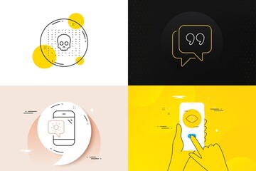 Minimal set of Weather phone, Quote bubble and Cyber attack line icons. Phone screen, Quote banners. Eye icons. For web development. Travel device, Chat comment, Phishing skull. View or vision. Vector