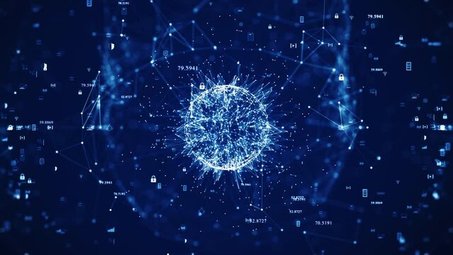 big data technology concept. The interconnected polygons form a prominent sphere in the center. There is a binary code icon around slow motion against a dark blue background. data processing analysis.