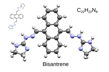 Chemical formula, skeletal formula, and 3D ball-and-stick model of chemotherapeutic drug bisantrene, white background