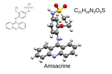 Chemical formula, skeletal formula, and 3D ball-and-stick model of chemotherapeutic drug amsacrine, white background