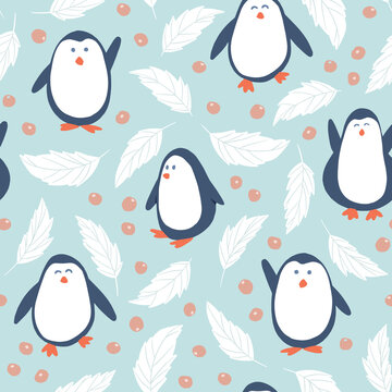 Cute penguins in a winter childish cartoon seamless pattern background print. Vector illustration in blue, orange, and white colors. Surface pattern design for kids.