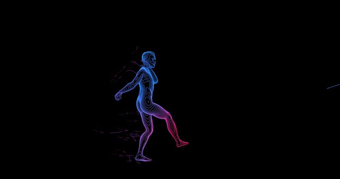 soccer player, drawing by color lines on a black background, hit the ball. 3d animation 4K 60fps