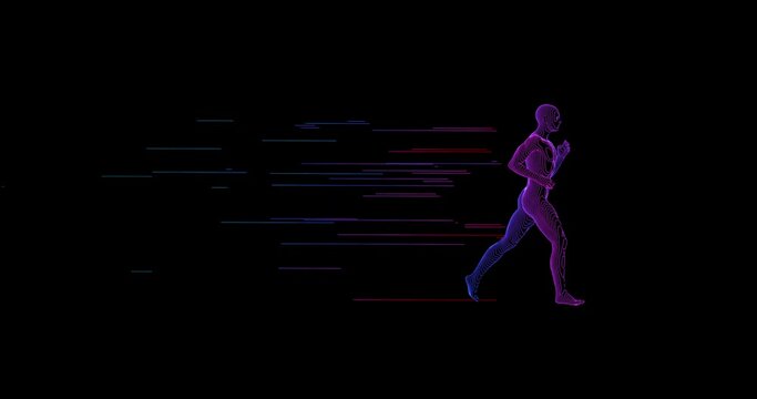 running man, drawing by color lines on a black background. 4K rendering 3d animation 