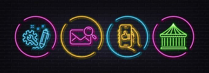 Engineering, Search mail and Like app minimal line icons. Neon laser 3d lights. Carousels icons. For web, application, printing. Construction, Find letter, Smartphone thumbs up. Vector