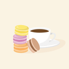 White cup of coffee and macaron on light background. Vector illustration